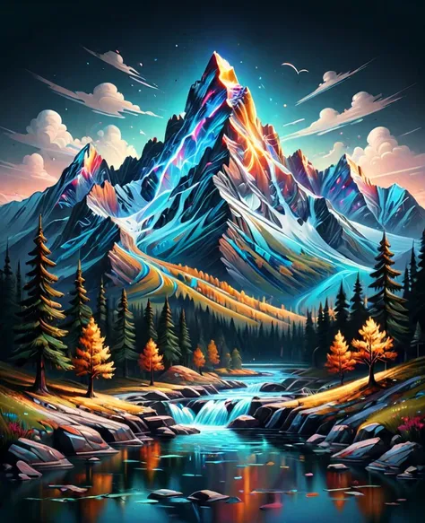 impressive painting of a mountain with trees and water, a detailed painting by petros afshar, shutterstock contest winner, envir...