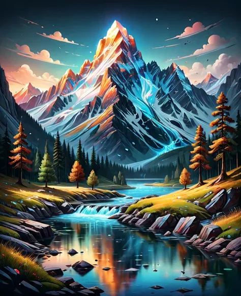 impressive painting of a mountain with trees and water, a detailed painting by petros afshar, shutterstock contest winner, envir...