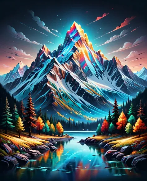 impressive painting of a mountain with trees and water, a detailed painting by Petros Afshar, shutterstock contest winner, environmental art, detailed painting, outlined art, 2d game art, isolated background for logo, strong contours, logo design