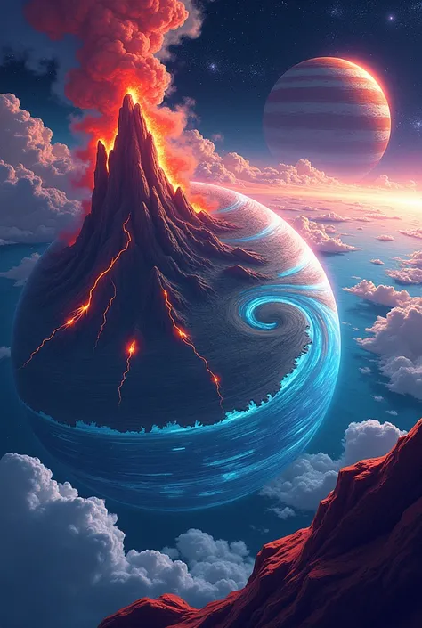 
"Create an image of of a new planet looks outside in the atmosphere . The planet features vast oceans cover much of the surface with volcanic eruptions

view of the planet must be in the outside of the atmosphere make it unique and looks like a cartoon