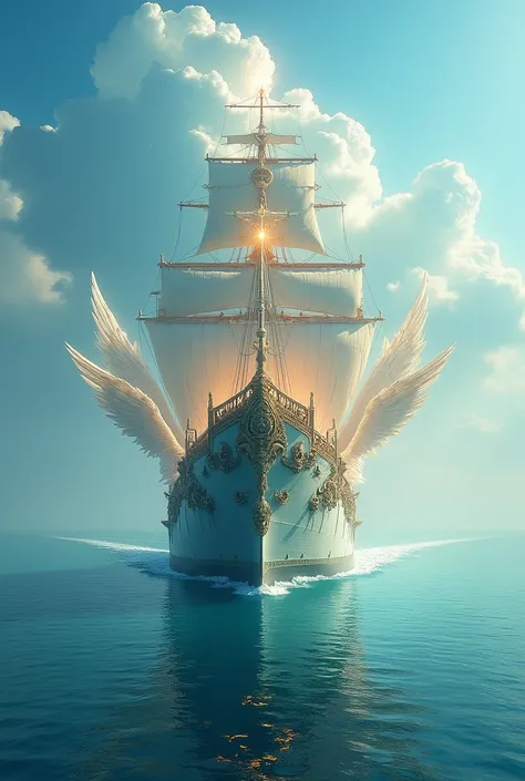 A huge holy ship on blue calm sea with angels guarding it
