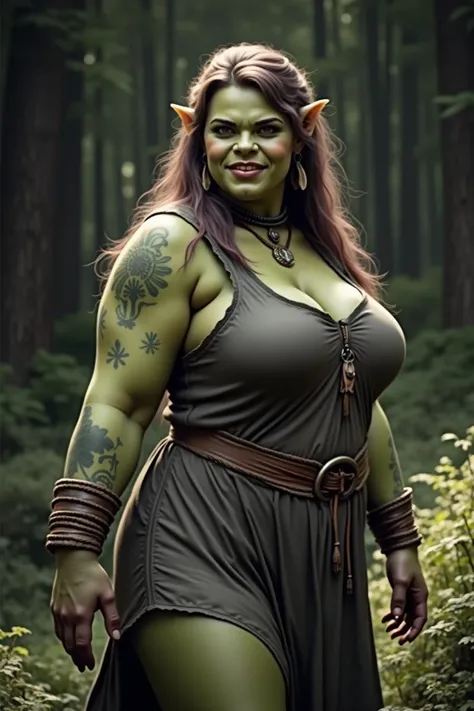 Young orc woman (big fangs), female orc, (green skin) , peaceful expression, dirty skin and hair, wearing dirty linen dress, big saggy breasts, skin imperfections, skin dentation, bone jewelry, forest background, natural lighting, tribal tattoos, curvy, bi...