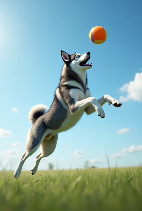 Create a Siberian Husky jumping to catch a ball . Can you make it more realistic?? Make the rusky realistic, without looking like a drawing 
