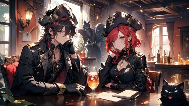 A female pirate captain is in high spirits, holding a mug in her hand.． The girl has short red hair and is wearing a pirate hat.． He has a saber and a pistol on his waist.，Dressed like a pirate． A black cat is sleeping on the table where the girl is drinki...