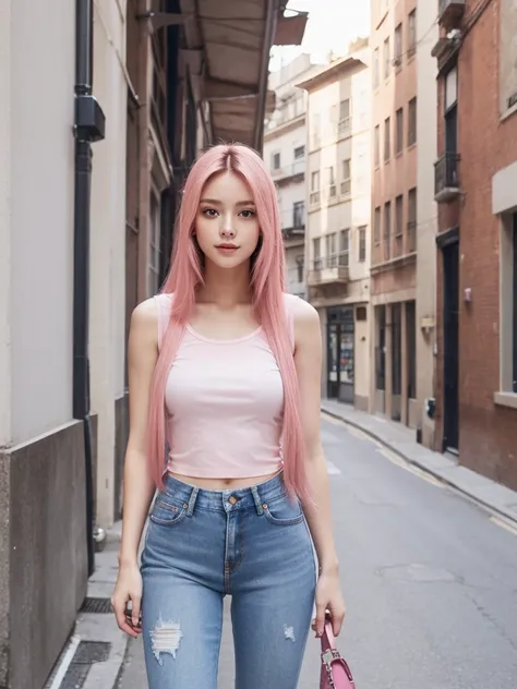 Sleeveless T-shirt, long pink hair
Girl alone, jeans