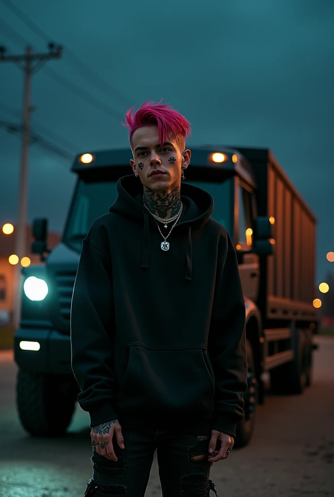 Heres a detailed description you can use to generate an ultra-realistic image inspired by Lil Peep in his "Benz Truck" music video:

---

"Create an ultra-realistic image of a young, melancholic rapper inspired by Lil Peep in his Benz Truck music video. Th...