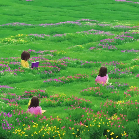 Background, field of flowers, one girl with brown hair is reading a book