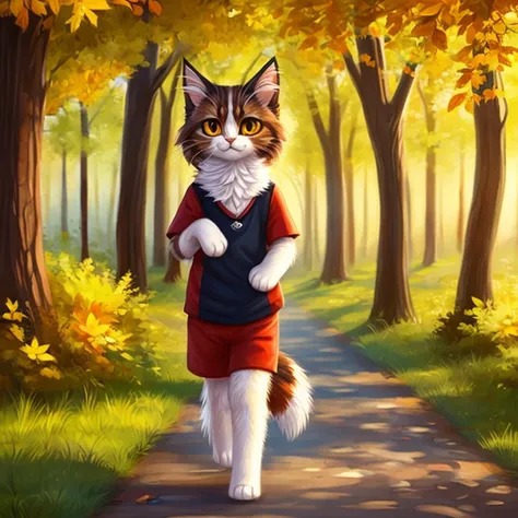 Highest quality, Masterpiece, Detailed, 1cute cat, Solo, Norwegian Forest Cat, Animal, has Orange eyes, Handwritten style, icon, walking, in the Park, sunny day