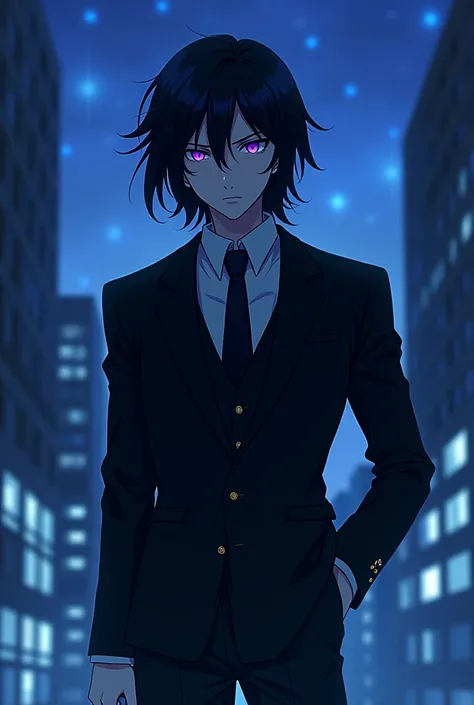 An anime character who looks pleasant but dangerous, with medium-length black hair and light purple eyes. He wears a suit in the style of Sojiro Joshima, black with dark accents, similar to Lance Crowns hairstyle.  He has a masculine appearance with Dazai-...