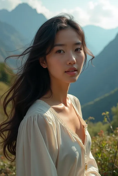 A beutiful girl 25 year beutiful face black hair at mountain and beautiful view