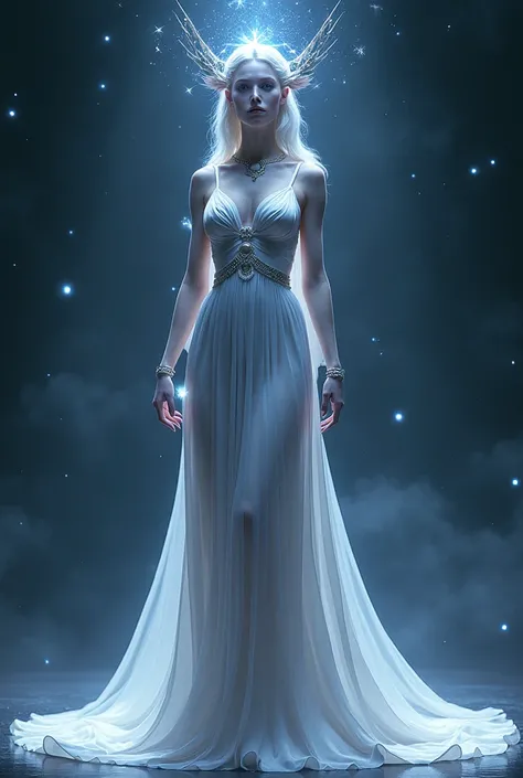 photo of goddess of stars wearing long plunge wide shoulder strap dress with headdress that has stars and body with accesories. make it look like greek mythology, dont make it look human and make the cut of the dress more parallel