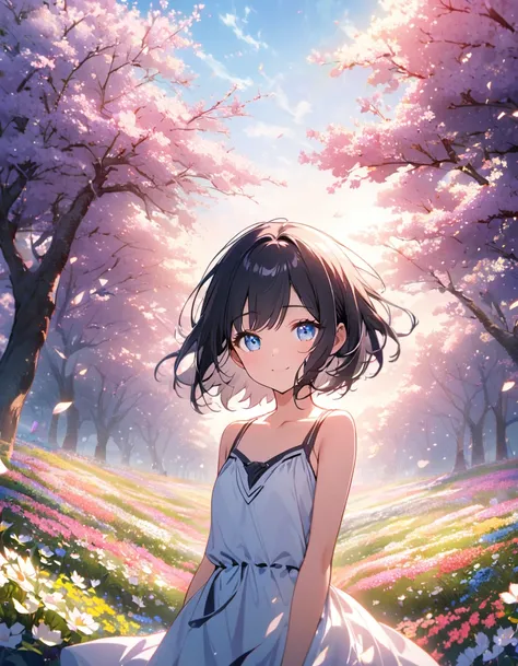 ne Beautiful girl, solo, gentle smile on her face flat chest, short hair, black hair, blue eyes, (detailed eyes),Sunny day landscape images, Only landscapes with flowers, Flower Field, unmanned, There are no animals, Lively, As if blown by the wind々Various...