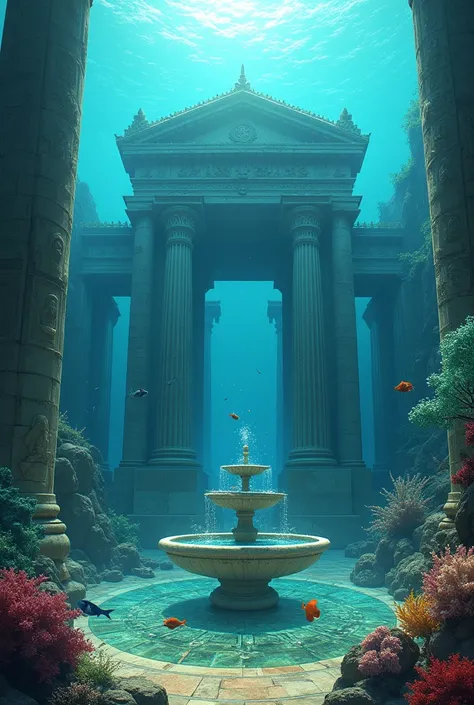 Create an ultra-realistic depiction of the lost city of Atlantis. The scene is set underwater in a clear, deep blue ocean. The city features grand, ancient architecture with towering, intricately carved columns, sprawling marble plazas, and massive stone s...