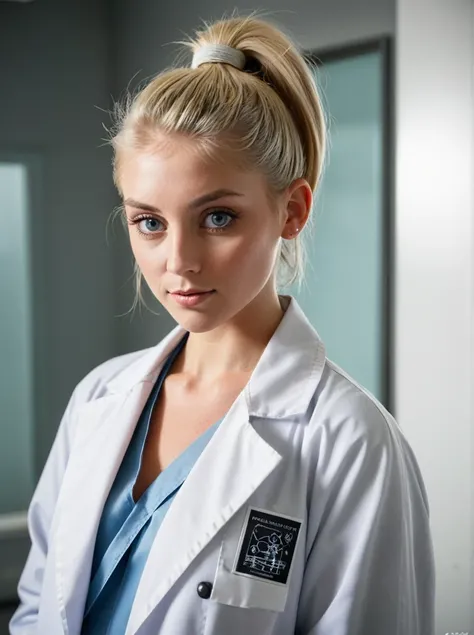 lovely 27-year-old Linnea Bergstrm, platinum blonde Swedish, ice grey eyes, sleek ponytail, looking into the camera, (crowded:1.4) ,doctors coat,hospital ward, shy, portrait, epic character composition,sharp focus, subsurface scattering nsfw