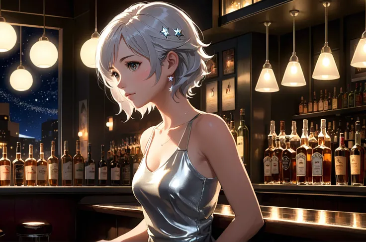 Uses Makoto Shinkai&#39;s depiction perfectly,Portrait of Halie Loren,8k 4k masterpiece photo ,Sydney,A jazz bar with a glass ceiling,The twinkling stars can be seen through the glass windows.,It&#39;s a dark night outside,Jazz is playing,Close-up of profi...