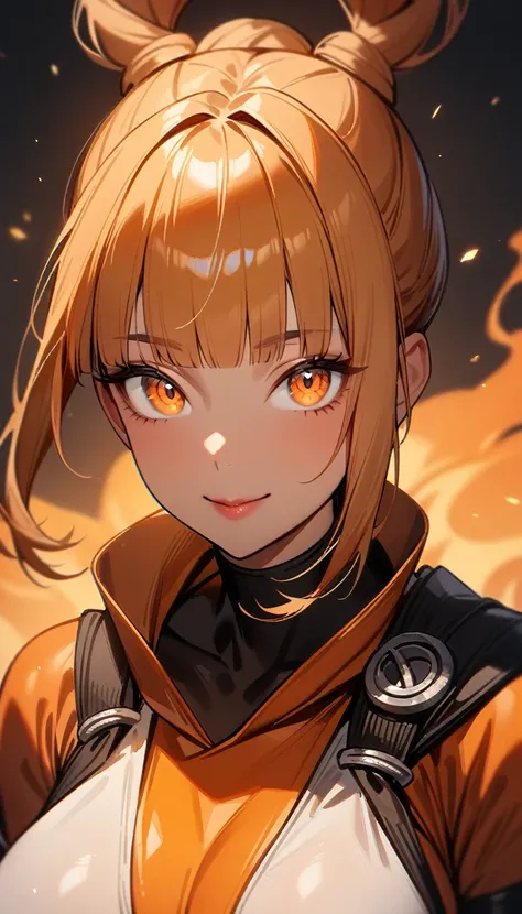 1girl,solo,super detailed skin,shiny skin,tanned skin,expressionless face,smile,orange hair,blunt bangs,hair rings,detailed eyes,eyelashes,lips gloss,large breasts,asymmetry body suit,Shinobi clothes,asymmetry clothes,orange magic ,simple background,master...