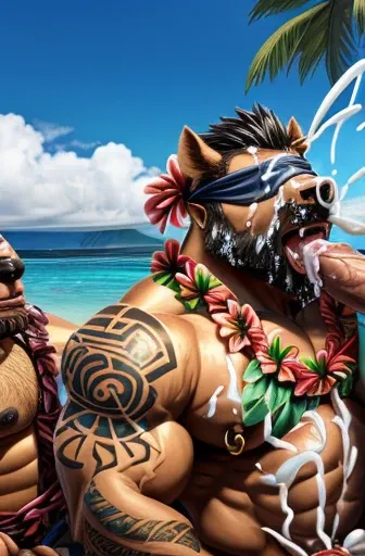 Super muscular adult boar beastman,(Wear Hawaiian traditional clothing:1.7),Open your mouth and stick out your tongue,(Surrounded by erect men:1.2),(a large amount of semen on the face and body,:2.0),Southern Island,(Anal Sex:1.5),Brown fur,Black hair and ...