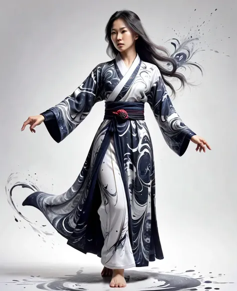 zydink, monochrome, ink sketch, asian (middle age woman), fighting stance, looking at viewer, long hair, floating hair, hanfu, chinese clothes, long sleeves, (abstract ink splash:1.2), white background