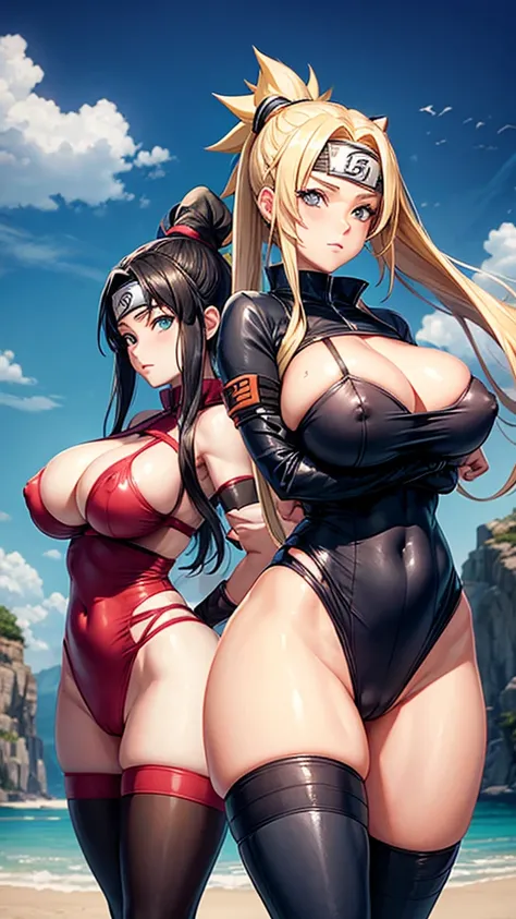 Two female twins , big breasts with big pointy nipples, wearing Naruto cosplay 