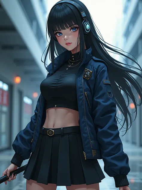 1woman,matured,perfect body,tall ,drawing a katana stance,stoic ,calm,cyber punk,school dress,skirt,high tech head phones,anime school scene,blunt bang hair,super long black hair,high tech cyber punk outfit,close up shot,animaginexl v3,