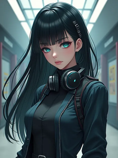 1woman,matured,perfect body,tall ,drawing a katana stance,stoic ,calm,cyber punk,school dress,skirt,high tech head phones,anime school scene,blunt bang hair,super long black hair,high tech cyber punk outfit,close up shot,animaginexl v3,