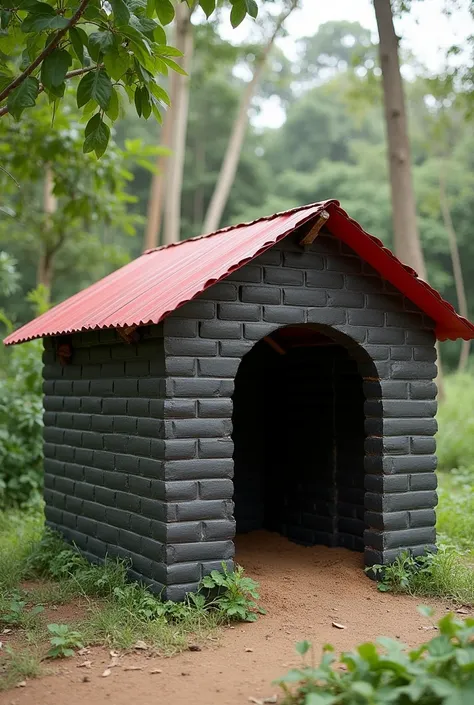 Shelter made of recyclable materials for animals, the shelter is made of cardboard but is painted with black and gray bricks., and the red roof with some details 
