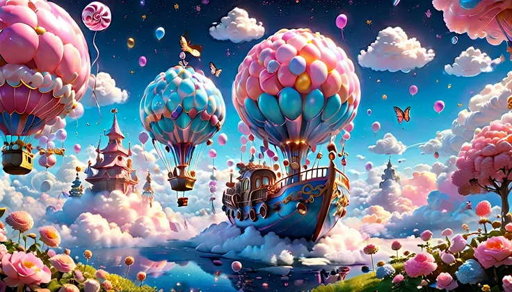 (very unified cg scene design）,(character  design），( epic balloon ship floating in the clouds），pink and blue，starlights，rosette，...