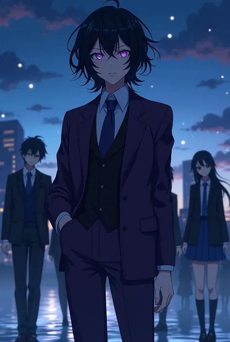 An anime character that looks nice that looks dangerous with medium long black hair and light purple eyes with a Sojiro Joshima style suit, the color of the character&#39;s black suit with dark purple Lance Crown hair style and that has a Dazai style eye d...