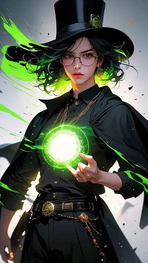 1 girl, the wizard of oz, wearing a black cloak, top hat, shirt, round green glasses, belt, pants, rings, earrings, with curly burgundy hair, set in a green color spectrum with mystification effect, green magic fog, vibrating air, abnormal tension, (double...