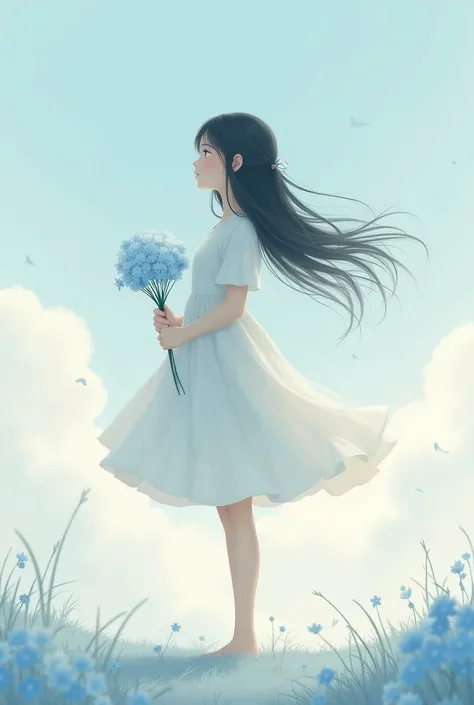 "A serene illustration of a girl with long, flowing black hair holding a bouquet of blue flowers, standing against a backdrop of soft, fluffy clouds in the sky. The girl is depicted in a side profile, wearing a simple, elegant dress, with the breeze gently...