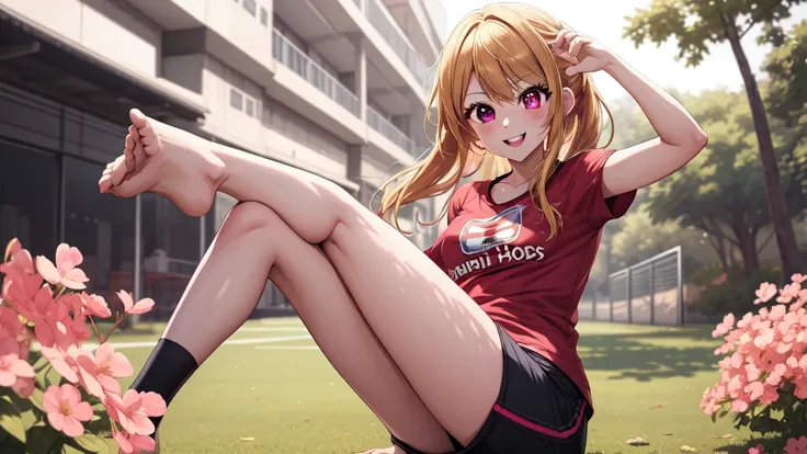 anime, Beautiful Face, Highly detailed face, two exact legs, Pink fine eyes, Highly detailed background, Perfect lighting, Accurate weapons, Accurate hands, Accurate Fingers, Blonde, whole body, One girl, alone, Ruby Hoshino, oshi no ko, The absurdity of t...