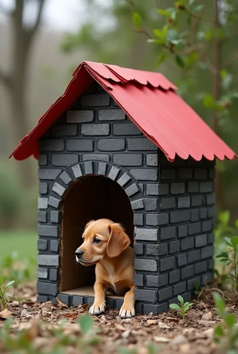 Shelter made of recyclable materials for animals, the shelter is made of cardboard but is painted with black and gray bricks., and the red roof with some details 
