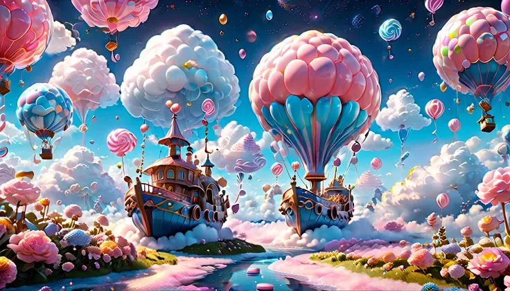 (very unified cg scene design）,(character  design），( epic balloon ship floating in the clouds），pink and blue，starlights，rosette，...