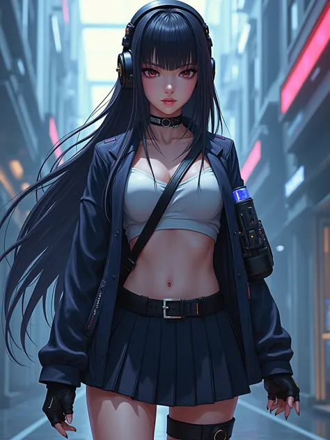 1woman,matured,perfect body,tall ,drawing a katana stance,stoic ,calm,cyber punk,school dress,skirt,high tech head phones,anime school scene,blunt bang hair,super long black hair,high tech cyber punk outfit,close up shot, AnimagineXL v3.1,