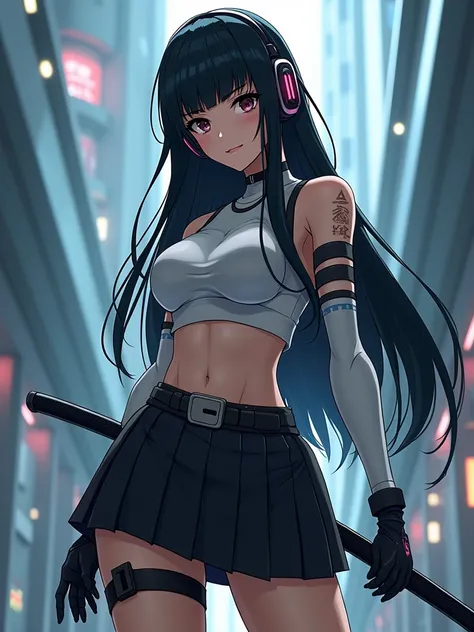 1woman,matured,perfect body,tall ,drawing a katana stance,stoic ,calm,cyber punk,school dress,skirt,high tech head phones,anime school scene,blunt bang hair,super long black hair,high tech cyber punk outfit,close up shot, AnimagineXL v3.1,