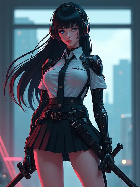 1woman,matured,perfect body,tall ,drawing a katana stance,stoic ,calm,cyber punk,school dress,skirt,high tech head phones,anime school scene,blunt bang hair,super long black hair,high tech cyber punk outfit,close up shot, AnimagineXL v3.1,