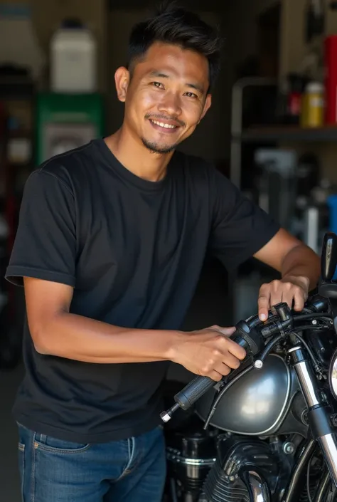 30 year old Indonesian man, at the motorcycle workshop 