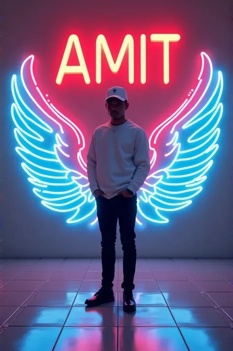 In this striking and futuristic scene, a mysterious individual stands confidently in front of a mesmerizing neon wall. The individual’s casual attire – a white sweater, white cap, black pants, and black shoes – contrasts with the vibrant neon wings in indi...