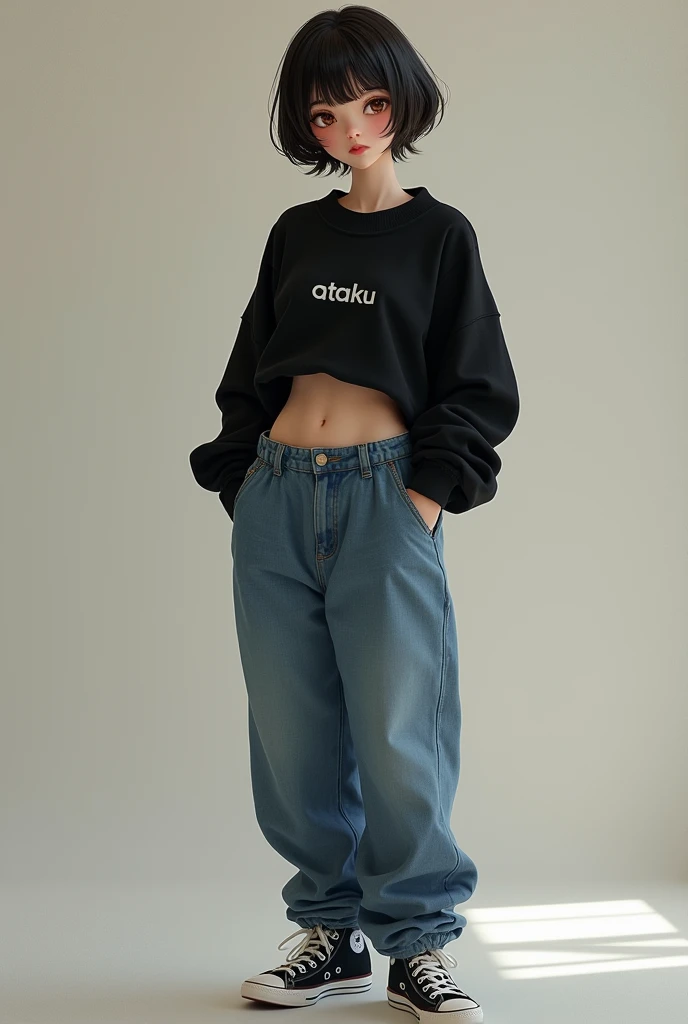 Girl 1.50 tall, short hair, bright amber eyes, very big breasts, black ataku sweater, baggy jean pants, black converse, firm glutes, White skin.