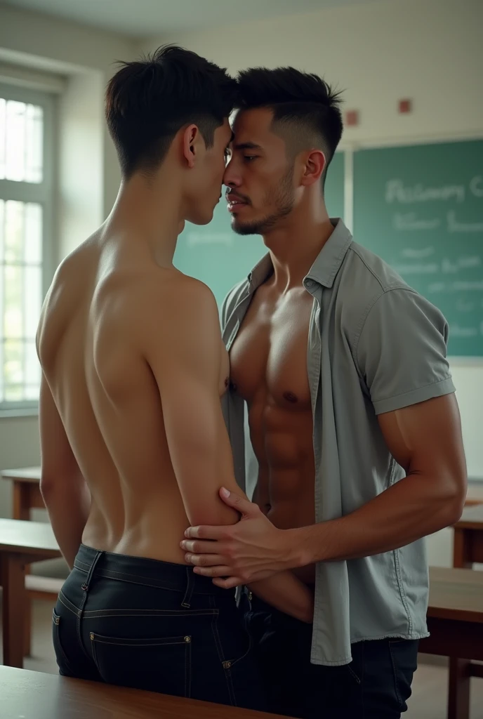 Two handsome Vietnamese men,A teacher and a male student,The teacher is 35 years old, muscular, masculine, lustful, wearing a shirt, open-chested shirt, showing off his body, firm abs and full chest, and tight black pants, clean shaven,The male student is ...