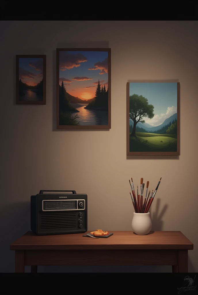 (cute background) a radio and a cup of paint brushes on a table with three beautiful landscape painting on the wall with no lighting 