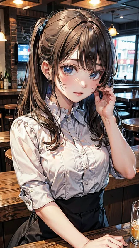 A girl drinking at a bar、OL、Cute gestures、Cute hairstyle、Random color blouse、sex appeal