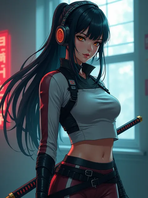 1woman,matured,perfect body,tall ,drawing a katana stance,stoic ,calm,cyber punk,school dress,skirt,high tech head phones,anime school scene,blunt bang hair,super long black hair,high tech cyber punk outfit,close up shot,