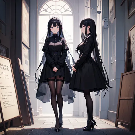 Woman wearing a black dress、Black tights、Black pumps、standing、anime、Funeral hall