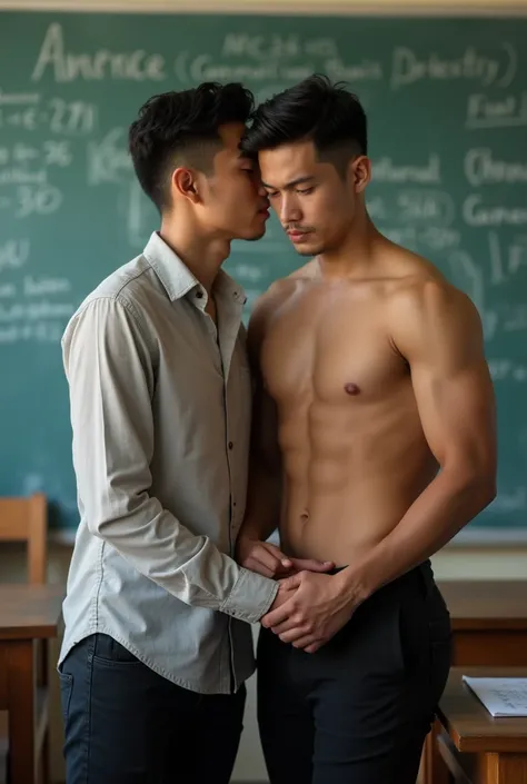 Two handsome Vietnamese men,A teacher and a male student,The teacher is 35 years old, muscular, masculine, lustful, wearing a shirt, open-chested shirt, showing off his body, firm abs and full chest, and tight black pants, clean shaven,The male student is ...