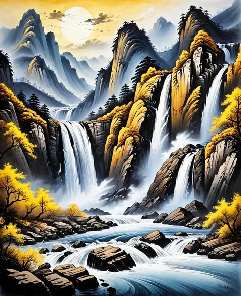 (masterpiece, best quality: 1.2), traditional chinese ink painting, large waterfall between mountains, rough waves, yellow river...