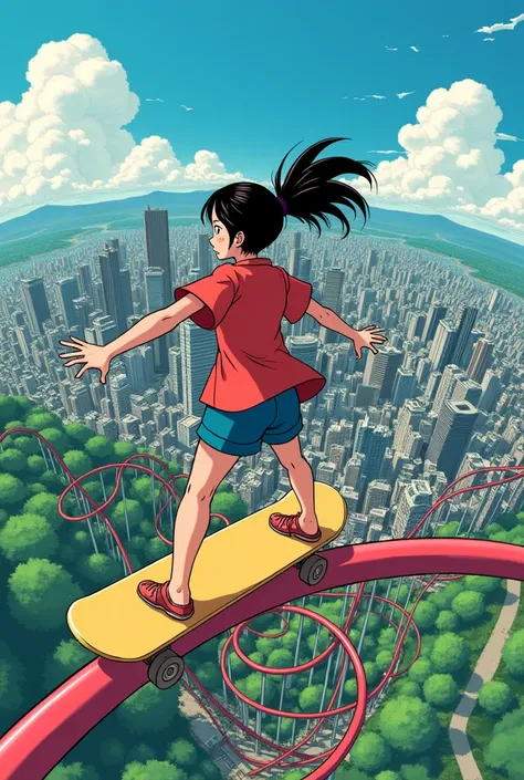 Girl Standing On Skateboard，flying though the air，overlooking a city，There are roller coaster tracks all over the city。Presents a wormeye perspective，Based on the work of Eiichiro Nakata in Weekly Shonen《One piece》Cover art style is style。