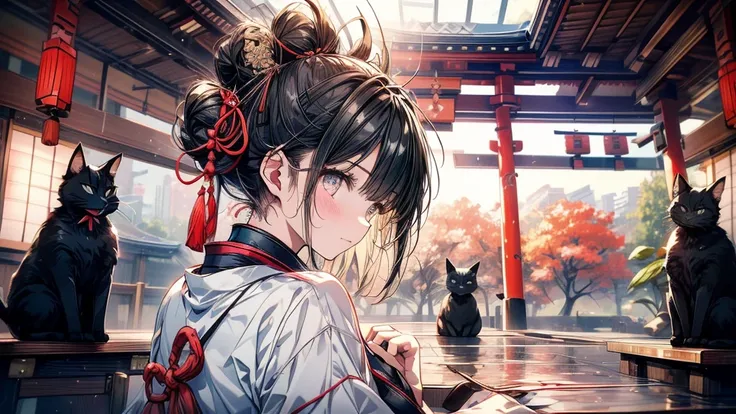 A girl in a kyudo gi (Japanese archery uniform) is drawing a bow at the kyudojo. She has her black hair tied up in a bun. She is a Japanese beauty. A black cat is sleeping as if watching over the girl.