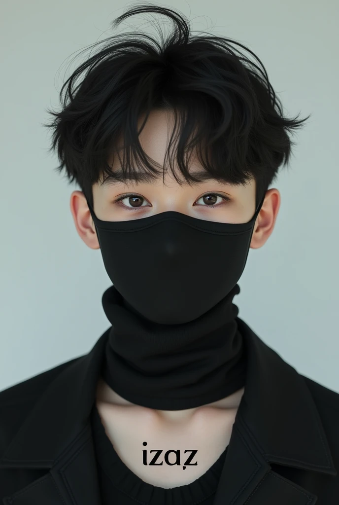 A handsome Korean boy, age 15, looks like girls, black mask on face and a name on his chest "izaz"