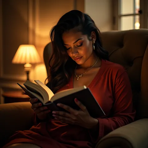 generate a master photograph describing a shapely Woman, a cozy indoor scene with warm lighting and a comfortable reading nook, (8K, best quality), she has a physique like Zendaya, long sleeves,  smile, brown hair, black hair, (big chest, small tiny waist,...